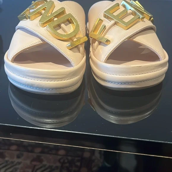 Fendi Beige and Gold Logo Sandals - Picture 5 of 6